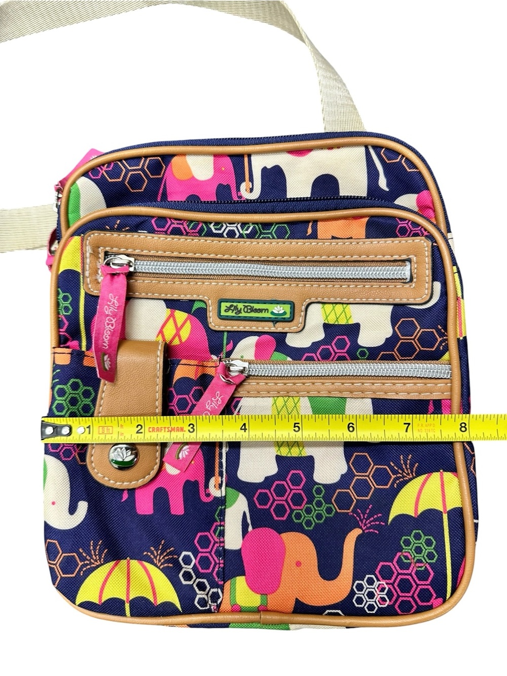 Lily Bloom Elephant Print Crossbody Bag Navy Multi Color Travel Purse - Picture 7 of 8